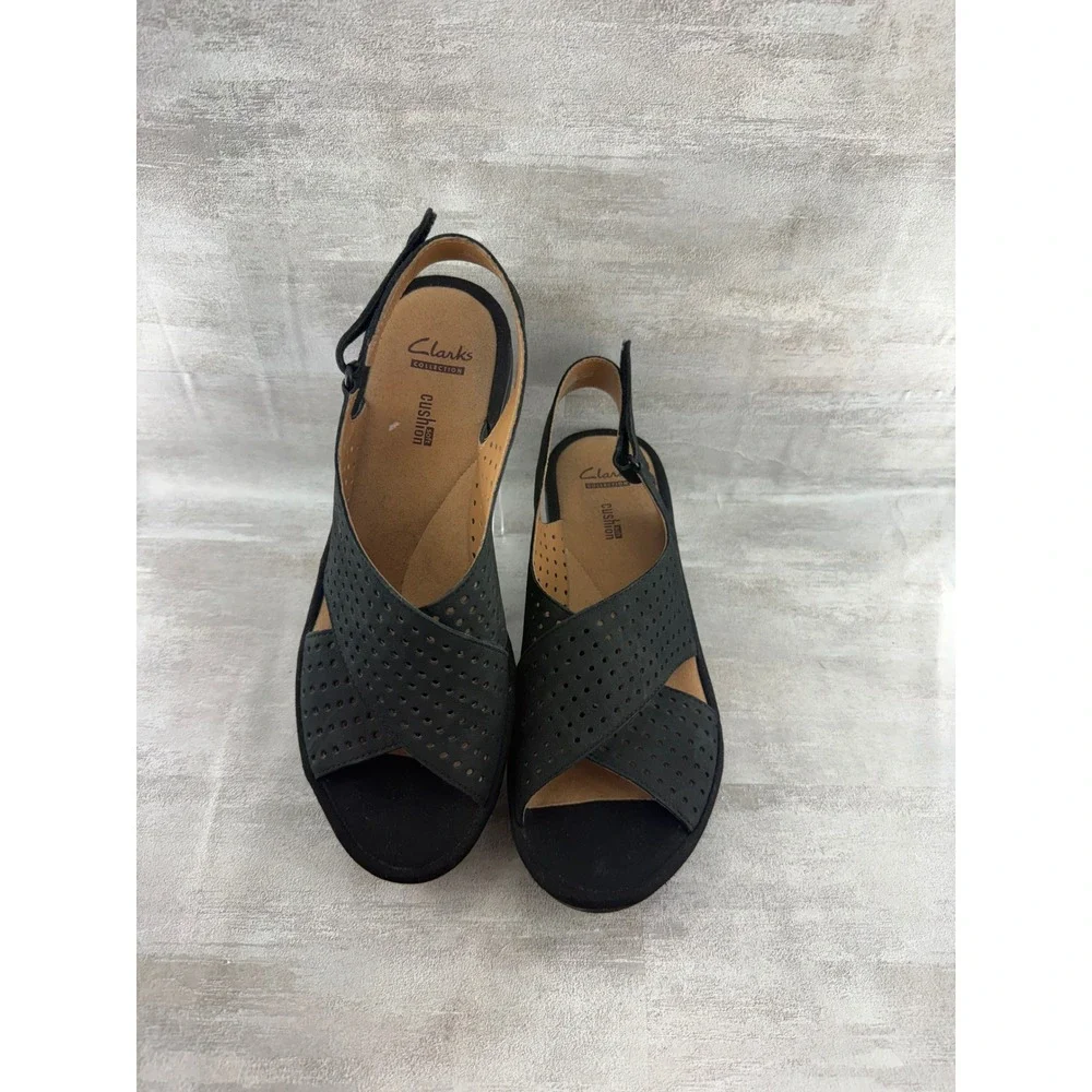 Clarks Collection Black Perforated Wedge Sandals Women Sz 8M Cushion Soft Shoes